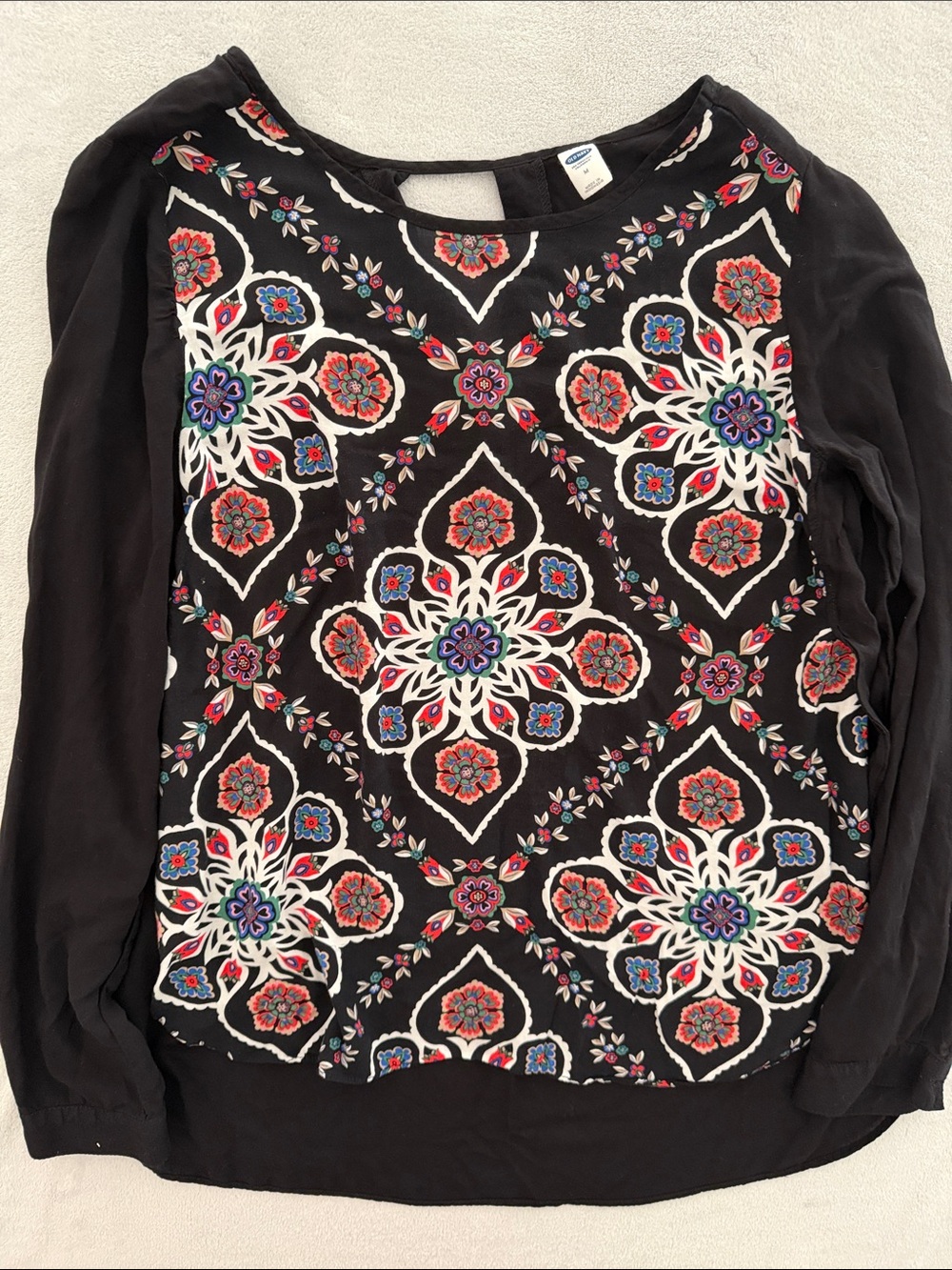 Black Long-Sleeve Embroidered Medallion Top